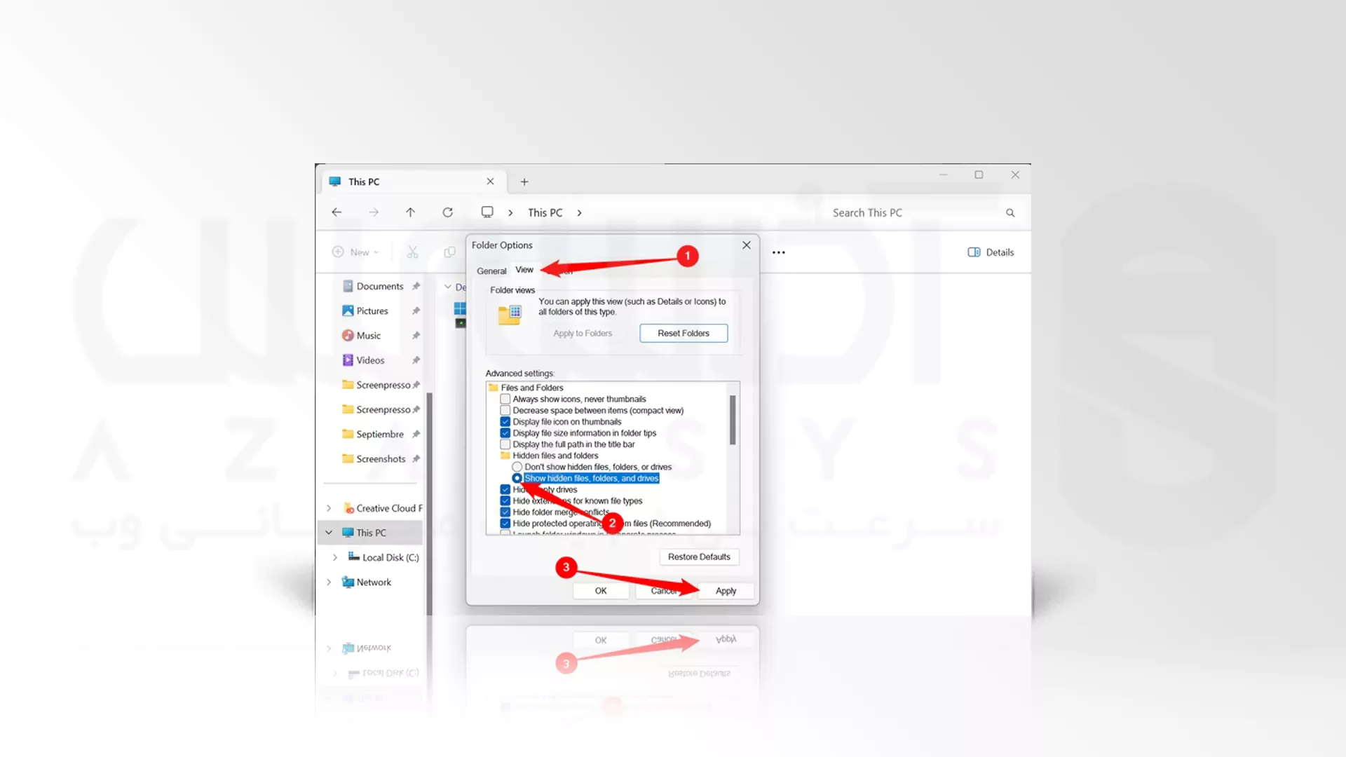 نمایش فایل های پنهان شده در ویندوز 11 با استفاده از Options