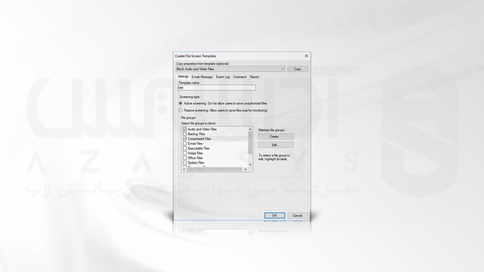 ایجاد File Screening Template در راه اندازی فایل سرور در ویندوز سرور