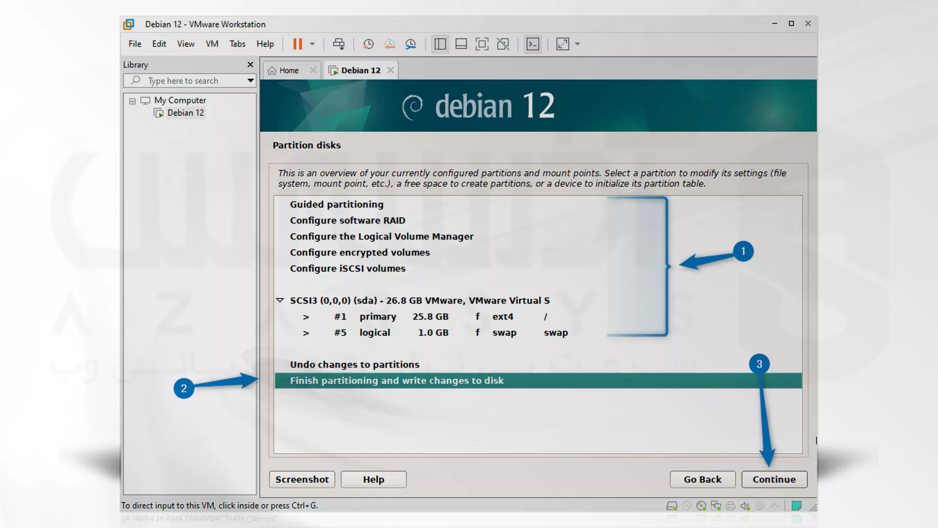 مراحل تصویری نصب Debian روی VMware