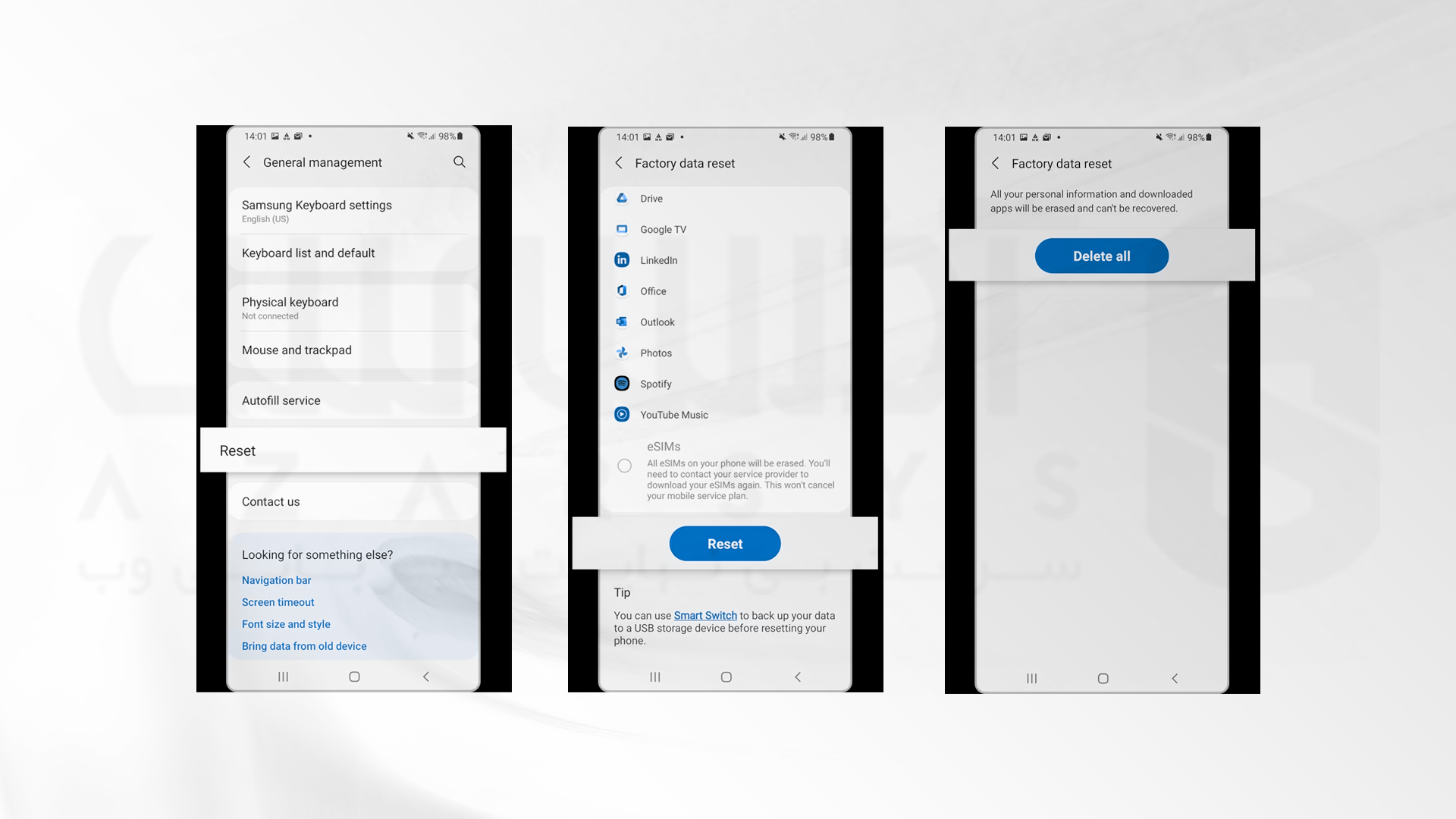 reset factory کردن settings در گوشی های سامسونگ برای پاک کردن حافظه پنهان 