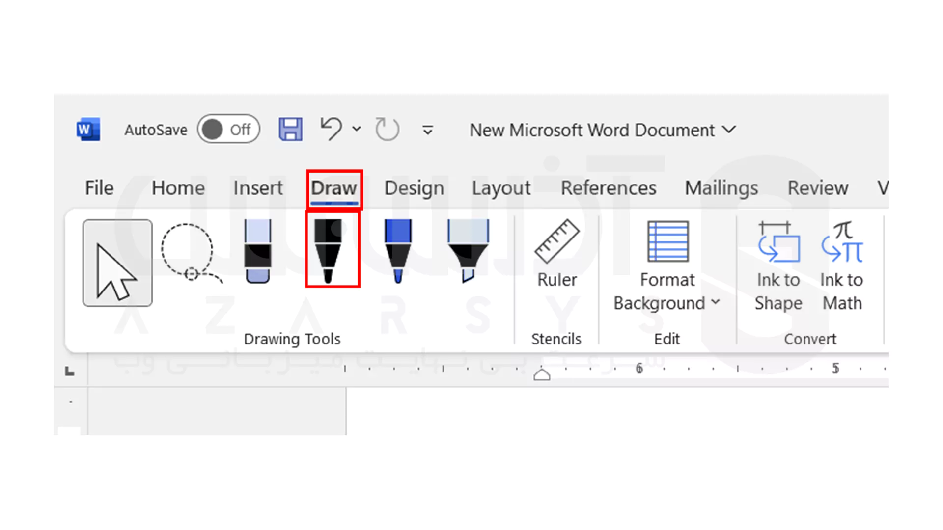 رسم خط در word با استفاده از ابزار Pen - قدم اول