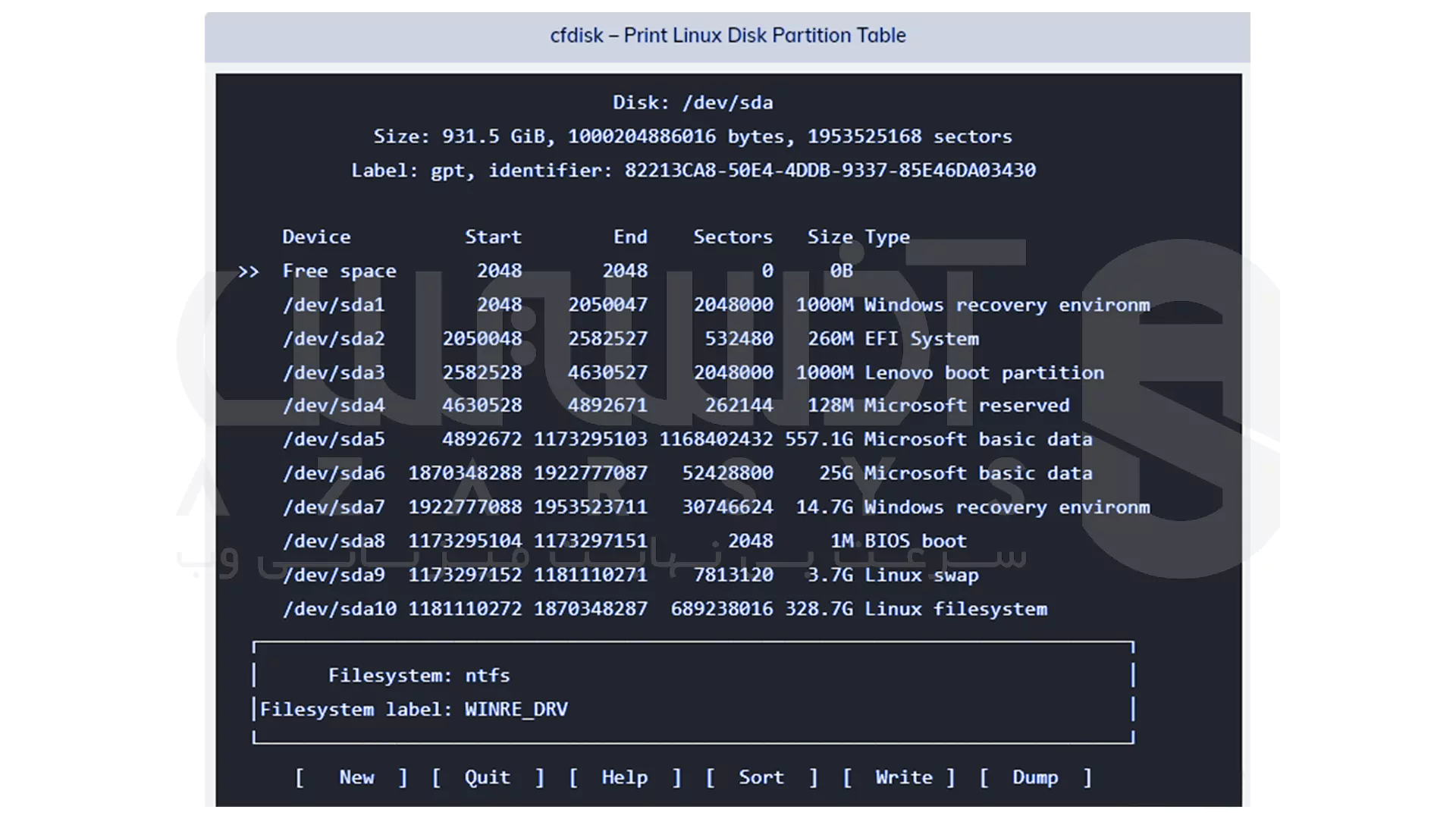 بررسی پارتیشن بندی دیسک در لینوکس - دستور cfdisk (Curse Of fdisk)