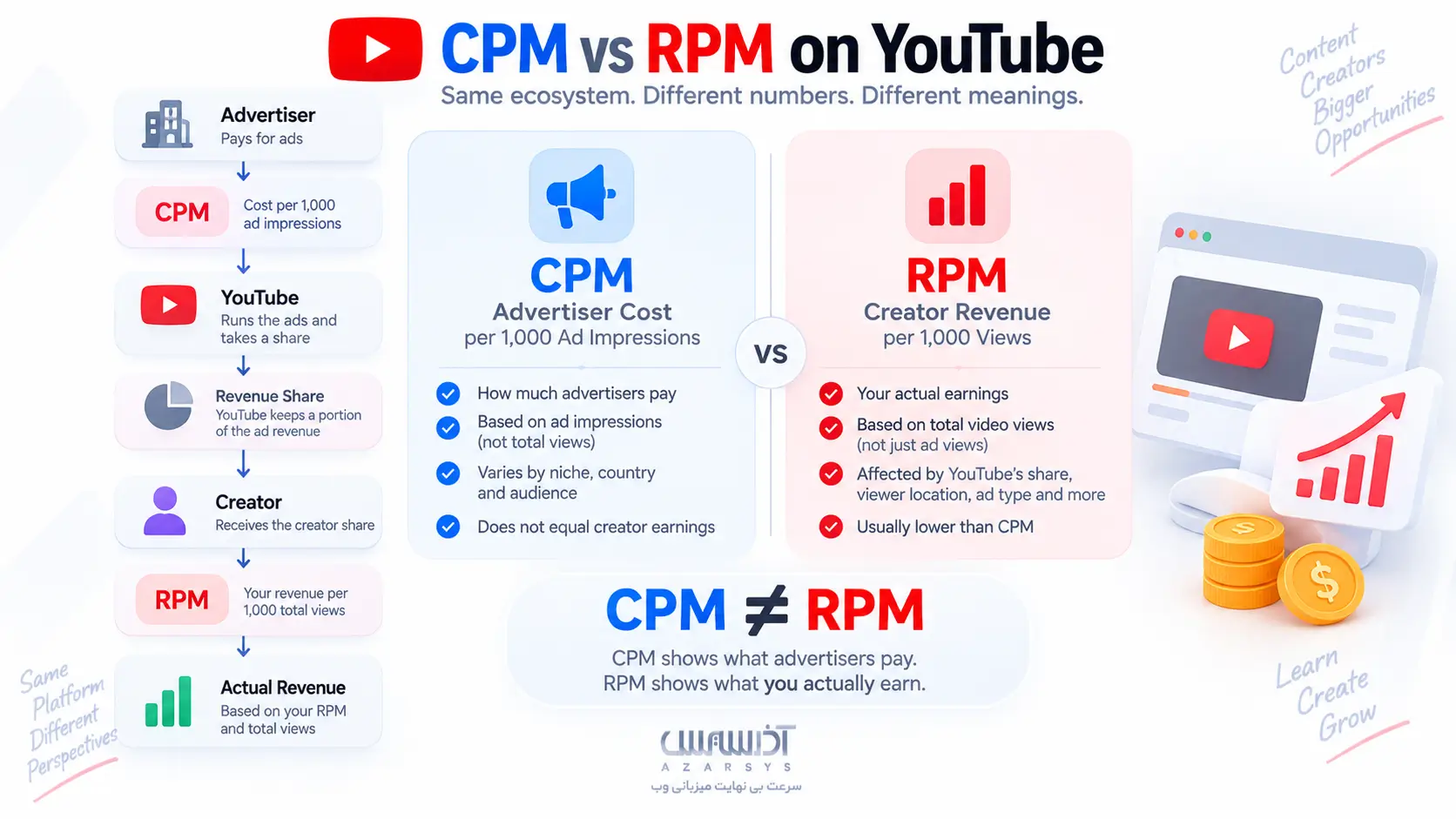تفاوت CPM و RPM در درآمد یوتیوب